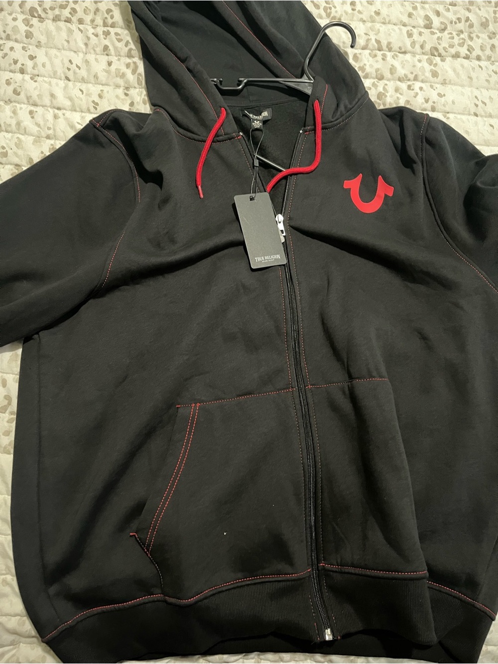 True Religion Black Hoodie with Red Logo & Drawstrings